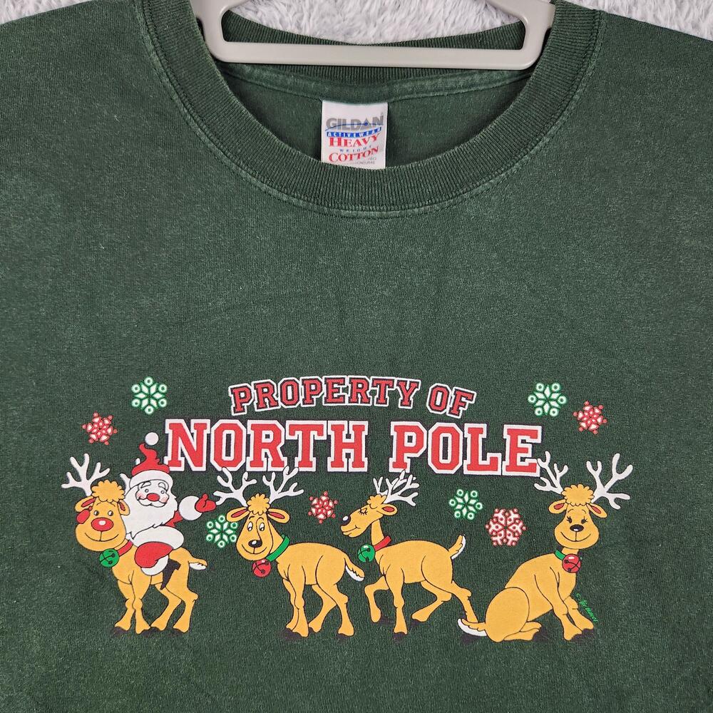 Vintage North Pole Shirt Mens XL Green Santa Reindeer Graphic Christmas Holiday